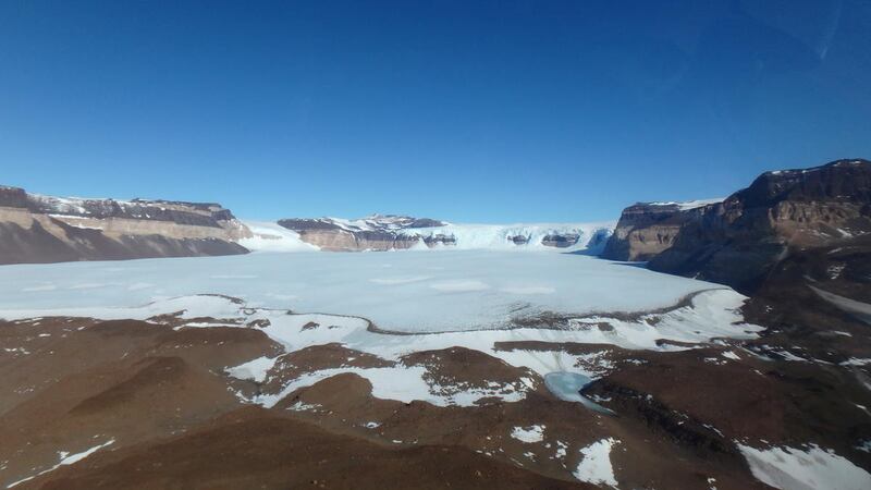 This image shows a view overlooking Wright Valley, Antarctica.