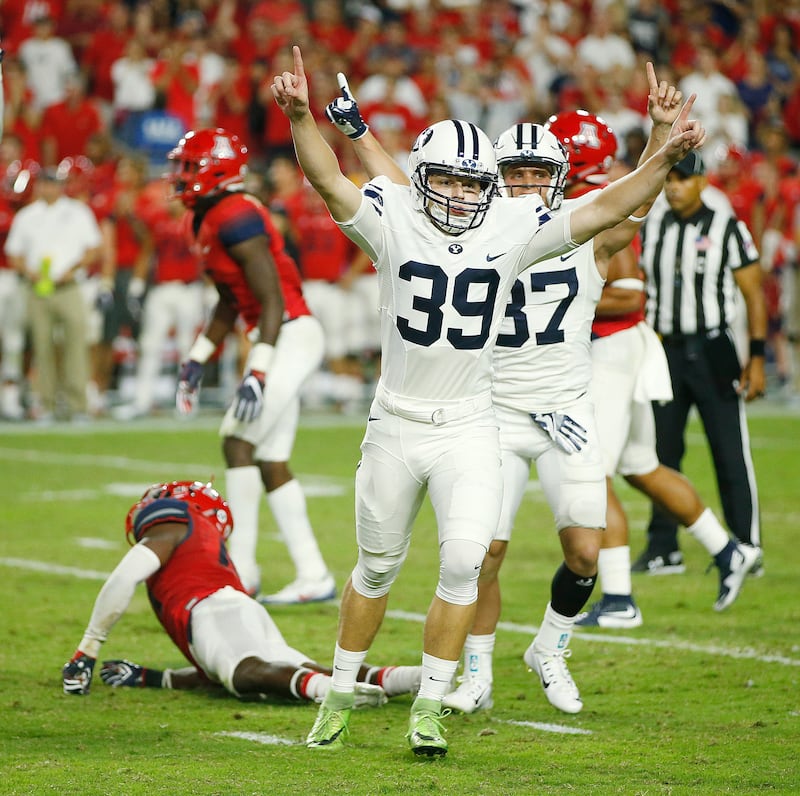 BYU kicker Jake Oldroyd reacts after connecting on the game-winning field goal against Arizona in Phoenix on Saturday, Sept. 3, 2016.