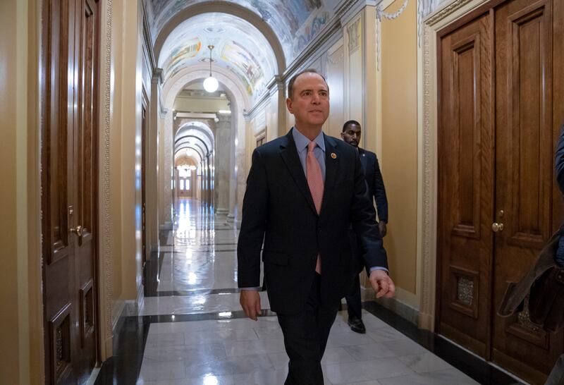 Rep. Adam Schiff, chairman of the House Intelligence Committee, walks to a secure area at the Capitol to interview a witness in the House impeachment inquiry.