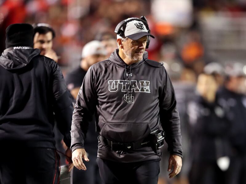 Utah head coach Kyle Whittingham walks the sideline as Utah and Oregon play at Rice-Eccles Stadium in Salt Lake City.