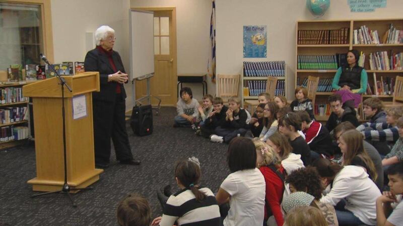 Linda Hooper, a former educator from Tennessee, spoke to children of McGillis Elementary School in Salt Lake City on Thursday, Feb. 2, 2012. She talked about the Paper Clip Project, which was a unique way to help students visualize and commemorate the liv