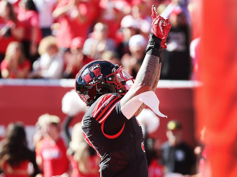 Utah Utes running back Ja’Quinden Jackson (3) celebrates his touchdown on Oct. 14, 2023.