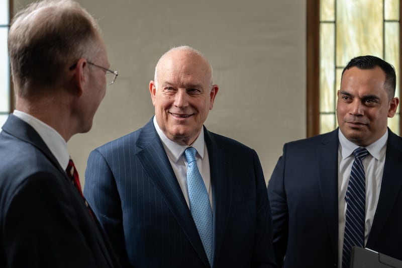 Sunday School General President Paul V. Johnson, center, speaks with his counselors, Brother Chad H Webb, left, and Brother Gabriel W. Reid, right, after filming the Church News podcast episode airing Tuesday, March 31, 2026.