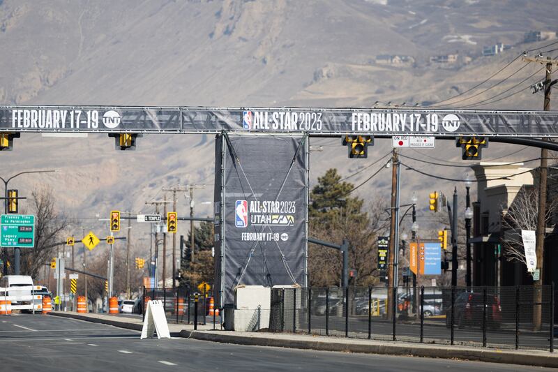 An awning stands in Salt Lake City. All-Star Weekend events are prompting road closures.