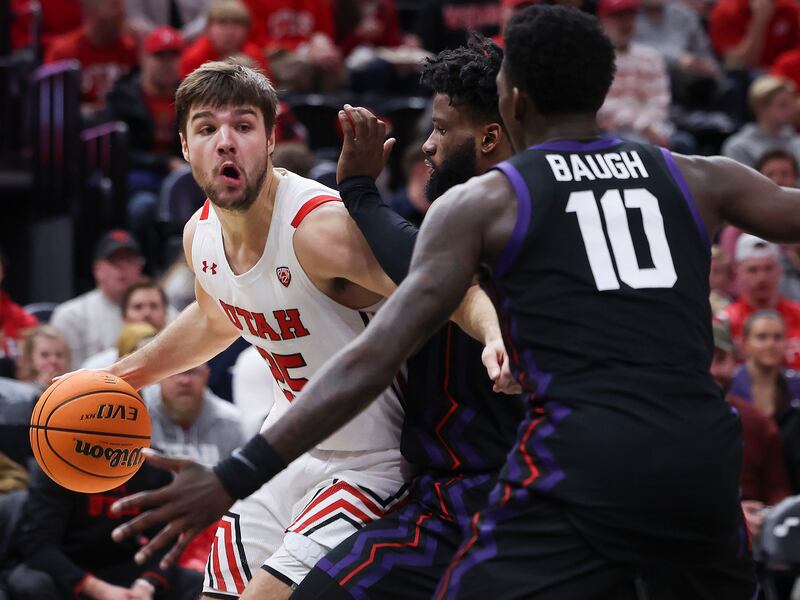 Utah guard Rollie Worster drives during game against TCU at Vivint Arena in Salt Lake City on Wednesday, Dec. 21, 2022.