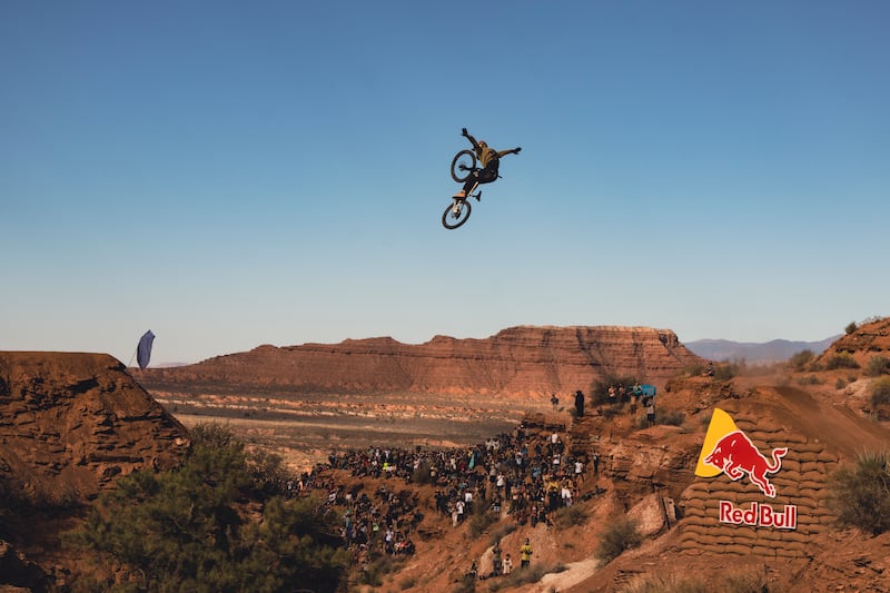 Dylan Stark rides his bike at Red Bull Rampage in Virgin, Utah.