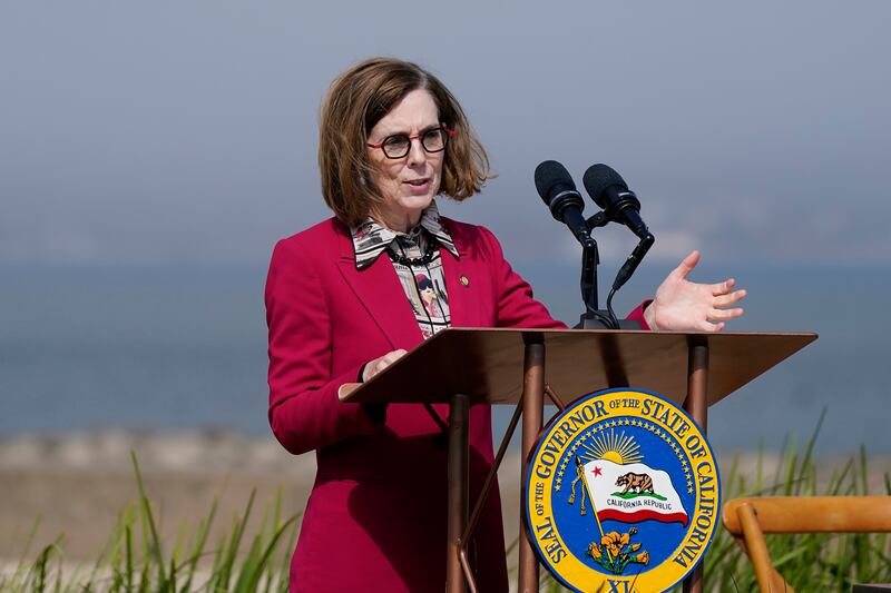 Oregon Gov. Kate Brown speaks at the Presidio Tunnel Tops in San Francisco, Oct. 6, 2022.