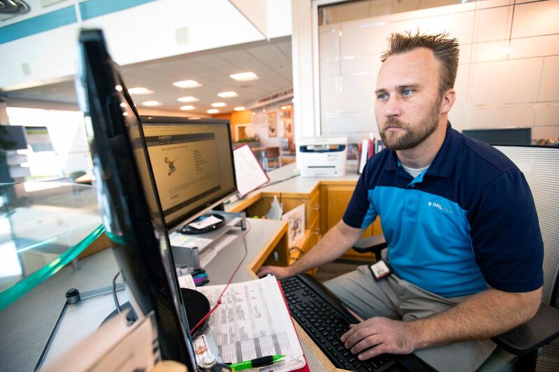 Nathan Meyer, who is in the cybersecurity certification program at Davis Technical College and also works as a desktop support specialist for the school, at the Kaysville campus on Wednesday, June 19, 2019.