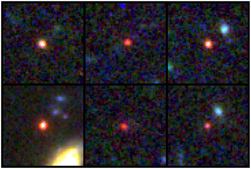 Six candidate massive galaxies, seen 500-800 million years after the Big Bang.