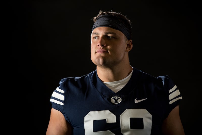 Offensive lineman Tristen Hoge poses for a photo at BYU’s Indoor Practice Facility in Provo on Wednesday, Aug. 8, 2018.