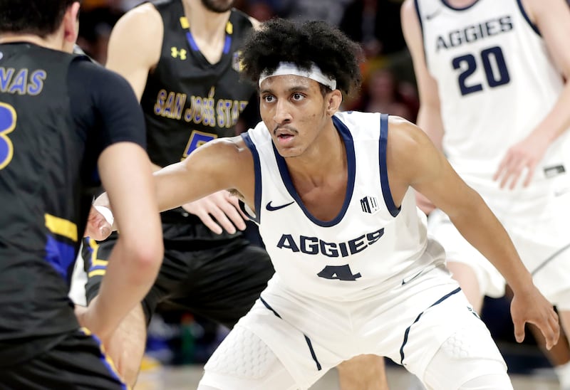Utah State guard Ian Martinez locks in defensively during the Aggies’ win over San Jose State Jan. 30 at the Spectrum.