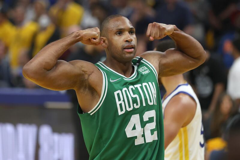 Boston Celtics center Al Horford (42) celebrates during the second half of Game 1 of basketball’s NBA Finals.