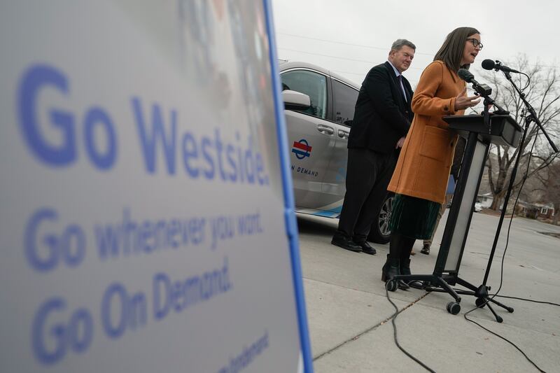 Salt Lake City Mayor Erin Mendenhall helps launch UTA On Demand for west-side neighborhoods during an event at the Northwest Community Center in Salt Lake City on Monday.
