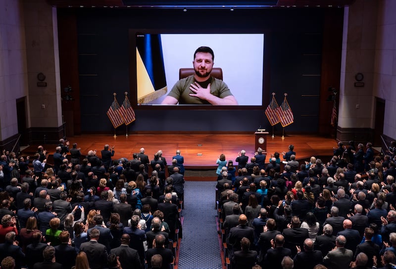 Ukrainian President Volodymyr Zelenskyy speaks to the U.S. Congress by video.