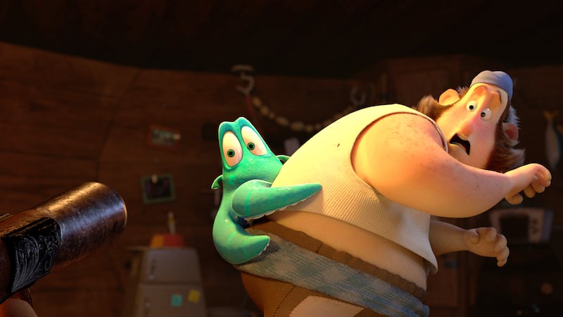 A scene is shown from an animated story by BYU students about two pirates overwhelmed by their fear of a baby Kraken.