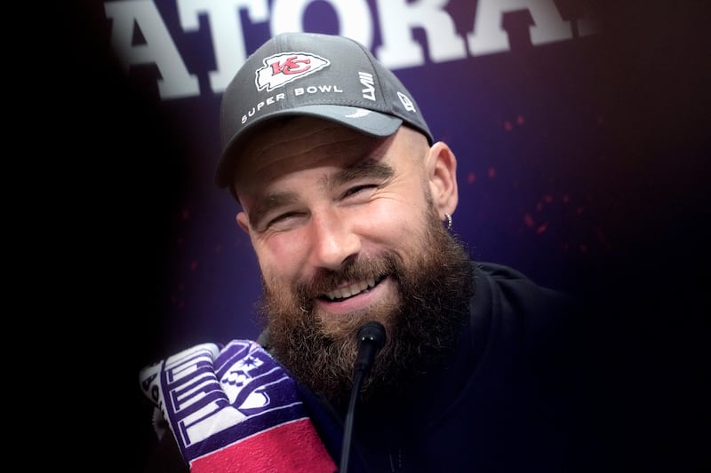 Kansas City Chiefs tight end Travis Kelce smiles as he participates in Super Bowl opening night, Monday, Feb. 5, 2024.