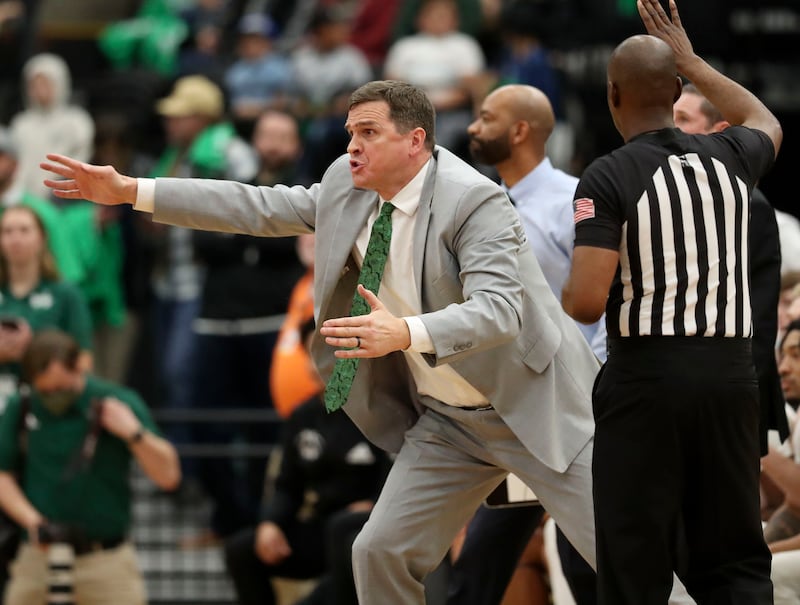 Utah Valley University coach Mark Madsen directs his players during a game on Dec. 1, 2021.