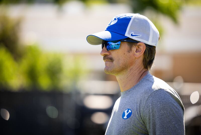 BYU offensive coordinator Aaron Roderick looks on during practice Tuesday, Aug. 9, 2022.