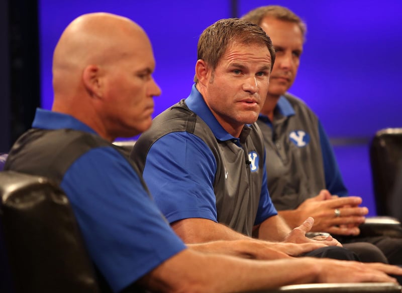 BYU receivers coach Ben Cahoon answers questions during BYU Media Day at BYU Broadcasting in Provo on Thursday, June 30, 2016. Cahoon has gone high tech when it comes to evaluating his receivers, using Utah County-based data management and analysis compan