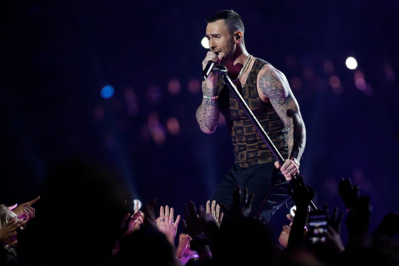 Adam Levine of Maroon 5 performs during halftime of the NFL Super Bowl LIII football game between the Los Angeles Rams and the New England Patriots Sunday, Feb. 3, 2019, in Atlanta.
