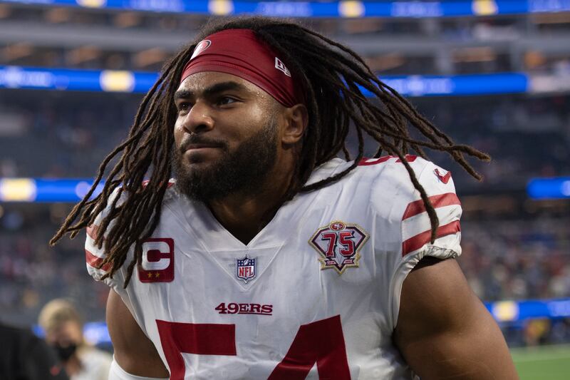 San Francisco 49ers middle linebacker Fred Warner (54) walks to the locker room after a game against the LA Rams.