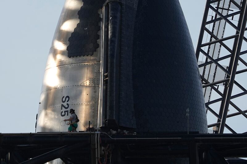 SpaceX’s mega rocket Starship is prepared for its upcoming launch from Starbase in Boca Chica, Texas, on Nov. 16, 2023.