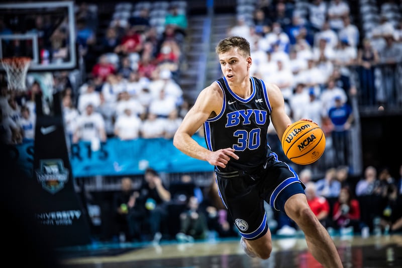 BYU’s Dallin Hall drives during game against Saint Mary’s during 2023 WCC tourney play in Las Vegas.