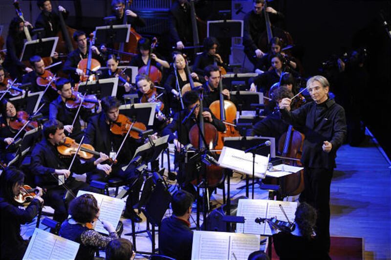Conductor Michael Tilson Thomas rehearses with the YouTube Symphony Orchestra.