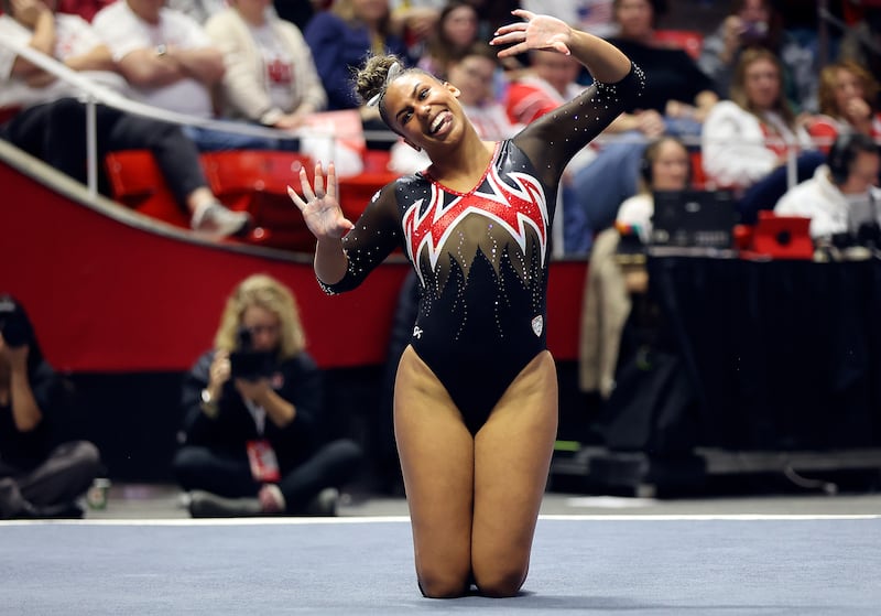 Utah’s Jaedyn Rucker does her floor routine as the Utah Red Rocks compete against Boise State in a gymnastics meet.