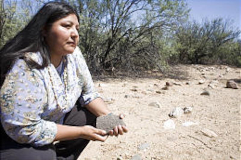 Vernelda Grant, tribal archaeologist for the San Carlos Apaches, holds a pottery shard at a looted site.
Vernelda Grant, a tribal archaeologist for the San Carlos Apaches, holds a pottery shard at an 800-year-old site on the San Carlos Reservation in A