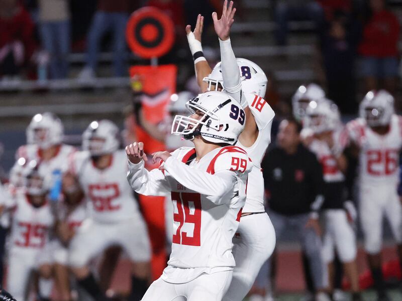 East’s Luca Visna (99) watches his field goal attempt against Alta, with two seconds left, go through the uprights in Sandy on Friday, Sept. 1, 2023. East won 10-7.