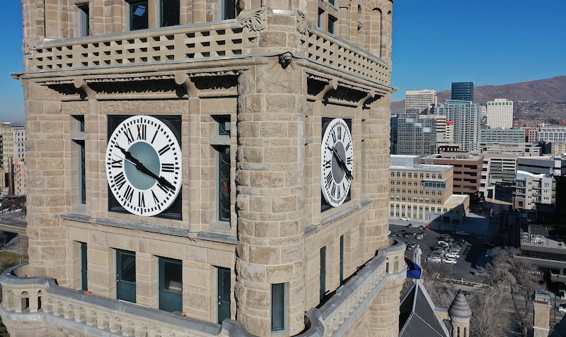 The clock on the Salt Lake City-County Building is pictured on Feb. 8, 2022.