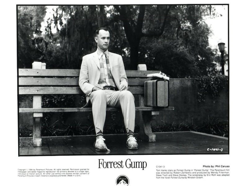 This undated black-and-white handout photo provided by Paramount and the Library of Congress shows Tom Hanks staring as Forrest Gump.