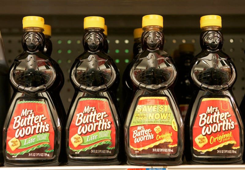 Bottles of Mrs. Butterworth’s syrup are seen on a supermarket shelf in Basking Ridge, N.J., Tuesday, Nov. 20, 2007. Mrs. Butterworth’s and other once-heralded labels have come under the ownership of Mountain Lakes, N.J.-based Pinnacle Foods Corp., whose strategy is to purchase tired but well-known packaged food brands and reintroduce them, adding modern-day twists. (AP Photo/Mike Derer)