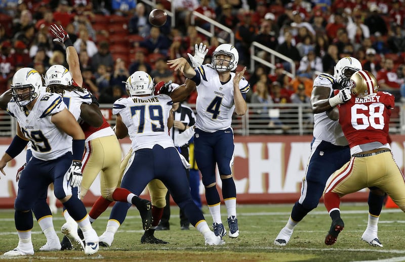 San Diego Chargers quarterback Brad Sorensen (4) passes against the San Francisco 49ers during the second half of an NFL preseason football game in Santa Clara, Calif., Thursday, Sept. 3, 2015. (AP Photo/Tony Avelar)