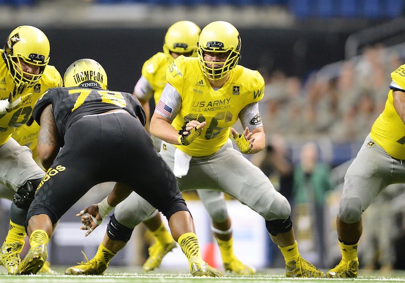 U.S. Army All-American Bowl West Team offensive lineman Tristen Hoge (66) in action during the U.S. Army All-American Bowl in the Alamodome in San Antonio, Texas, on Jan. 3, 2015. (Icon Sportswire via AP Images)