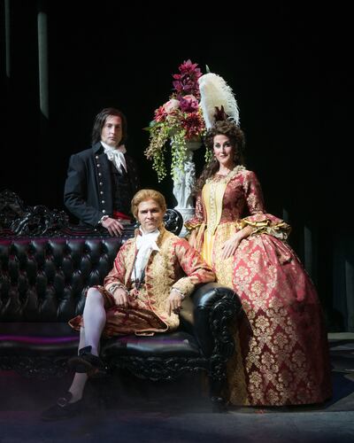 Dallyn Vail Bayles as Chauvelin, Daniel Beck as Percy Blakeney and Erin Royall Carlson as Marguerite in the Tuesday/Thursday/Saturday cast of Hale Centre Theatre's "The Scarlet Pimpernel."