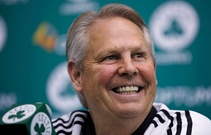 Danny Ainge, Boston Celtics president of basketball operations, smiles as he addresses reporters at the team's training facility in Waltham, Mass., Tuesday, May 16, 2017. Ainge, 60, suffered a mild heart attack on Tuesday, April 30, 2019. He is expected t