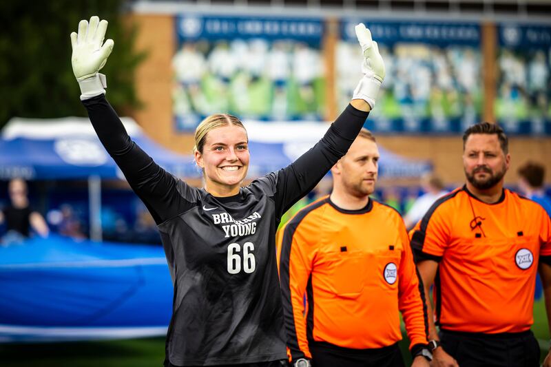 No. 1 BYU’s starting goalkeeper, Savanna Mason, gestures before the Cougars’ season opener against St. Louis on Aug. 17.
