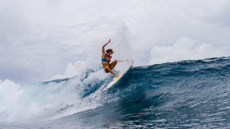 Bethany Hamilton doing a front side turn in the Maldives, from “Bethany Hamilton: Unstoppable.”