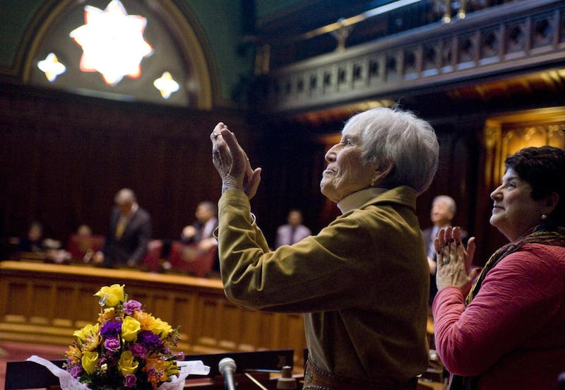 FILE - In this Feb. 8, 2012 file photo, state Sen. Edith Prague, D-Columbia, looks up to the gallery to her daughter during opening day at the State Capitol in Hartford, Conn. Connecticut Republicans are focusing on two open state Senate seats as they try
