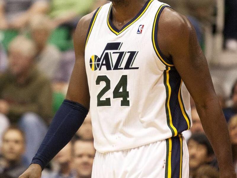 Jazz forward Paul Millsap (24) reacts to a foul call during the first half of the NBA basketball game between the Utah Jazz and the Orlando Magic at Energy Solutions Arena, Wednesday, Dec. 5, 2012.