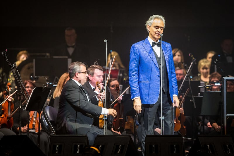 Andrea Bocelli is introduced to the stage at Vivint Arena in Salt Lake City on Thursday, Nov. 29, 2018.