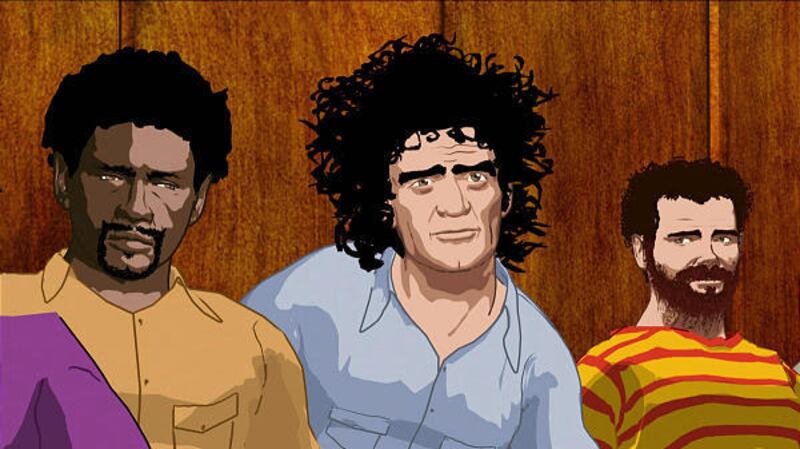 Animated shots of defendants in 1968 conspiracy trial - Bobby Seale, left, Abbie Hoffman and Jerry Rubin - in "Chicago 10."