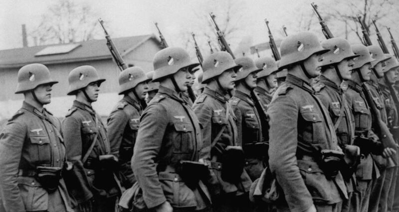 This close-up of German soldier on parade near Aachen, Germany, March 15, 1936, the youth and fine physical condition of the Nazi army along the Western Front.