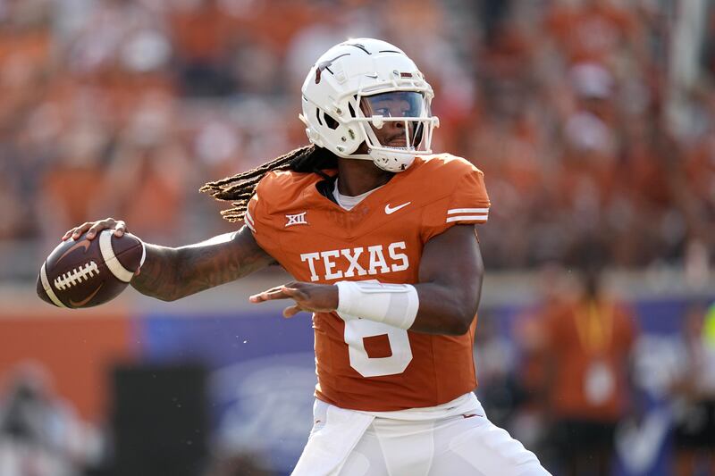 Texas quarterback Maalik Murphy throws against Rice during game in Austin, Texas, Saturday, Sept. 2, 2023.