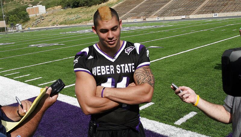 Weber State QB, Mike Hoke, takes questions from the media. Hoke has big shoes to fill of departed four-year-starter Cameron Higgins.