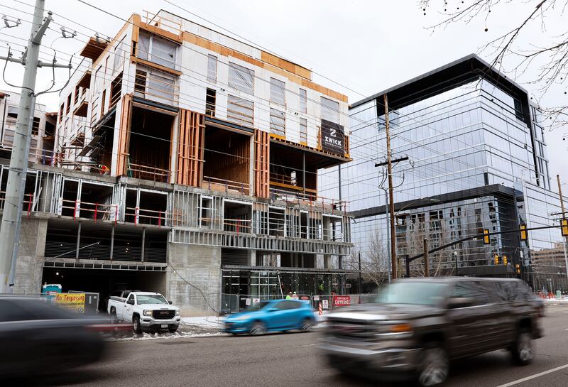 An apartment building under construction in Salt Lake City is pictured.