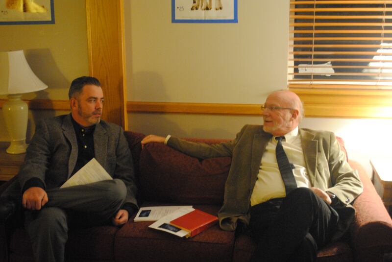 Pastoral associate Andrew Fleishman and the Rev. Scott Dalgarno chat before Wasatch Presbyterian's Blue Christmas service for those for whom the holidays are not entirely joyful.