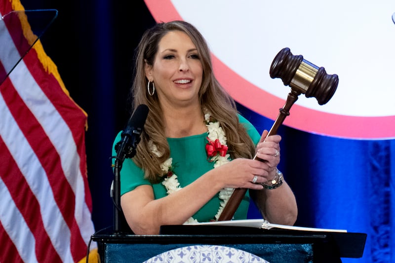 Republican National Committee Chair Ronna McDaniel holds a gavel in Dana Point, Calif., on Jan. 27, 2023.